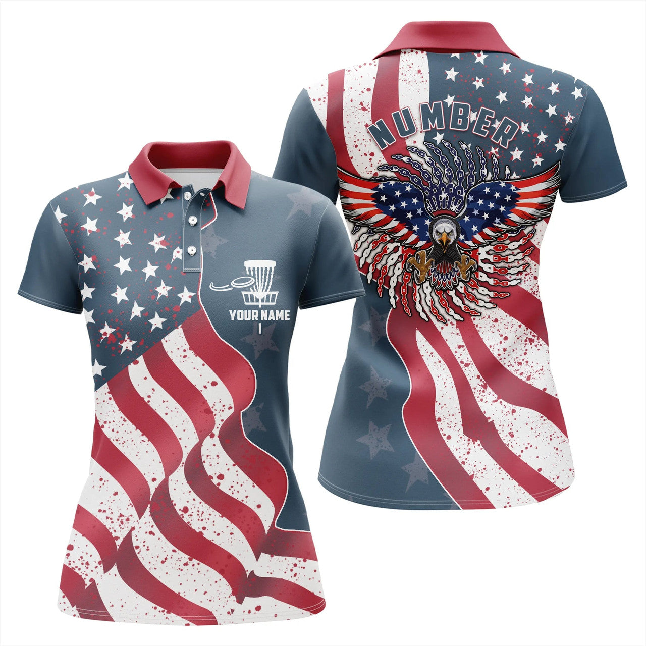 Custom Name And Number Eagle American Flag Patriotic Disc Golf Performance Women Polo Shirts, Perfect Gift For Women Women' s Polo Shirt S -5XL