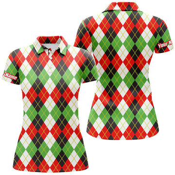 Custom Christmas Plaid Argyle Pattern Funny Golf Women's Polo Shirts S-5XL