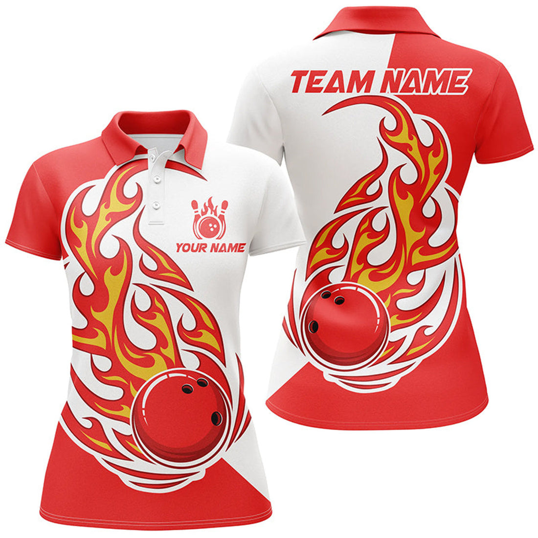 Custom Red and White Bowling Ball Skull Bowling Team Women's Polo Shirts S-5XL