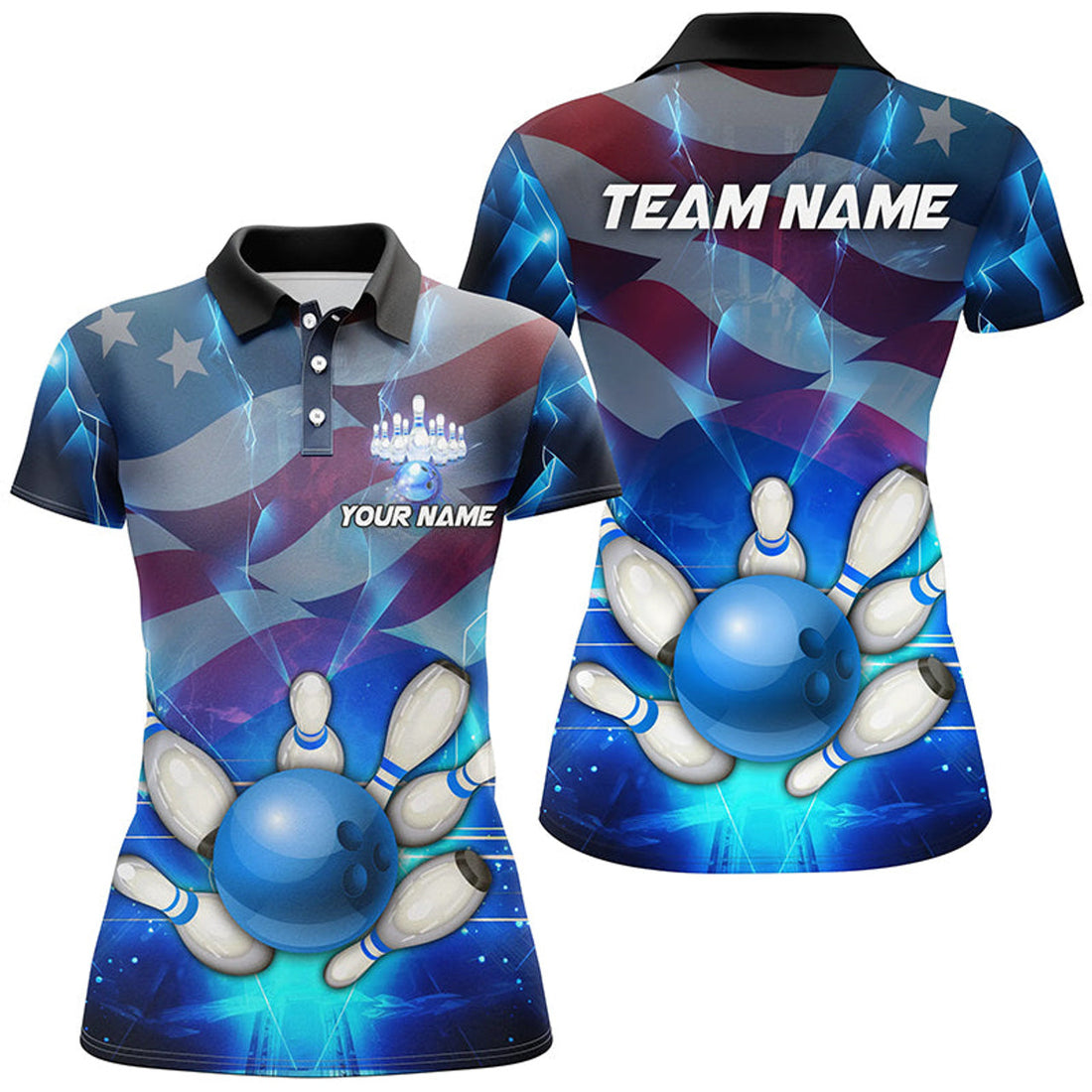 Custom American Flag Blue for Patriotic Bowling League Women's Polo Shirts S-5XL