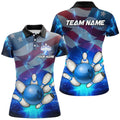 Custom American Flag Blue for Patriotic Bowling League Women's Polo Shirts S-5XL