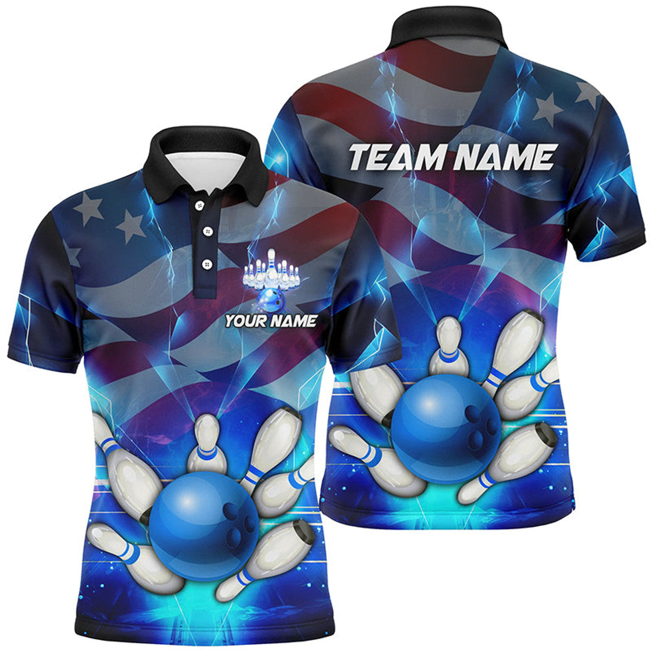 American Flag Blue Custom Bowling Shirt for Men Patriotic Men's Polo Shirt S-5XL