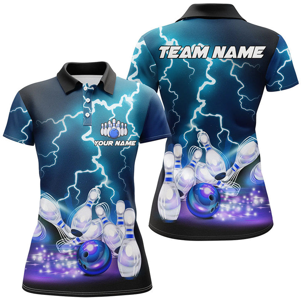 Custom Blue Lightning Bowling Shirt Gift for Team Bowlers Women's Polo Shirts S-5XL