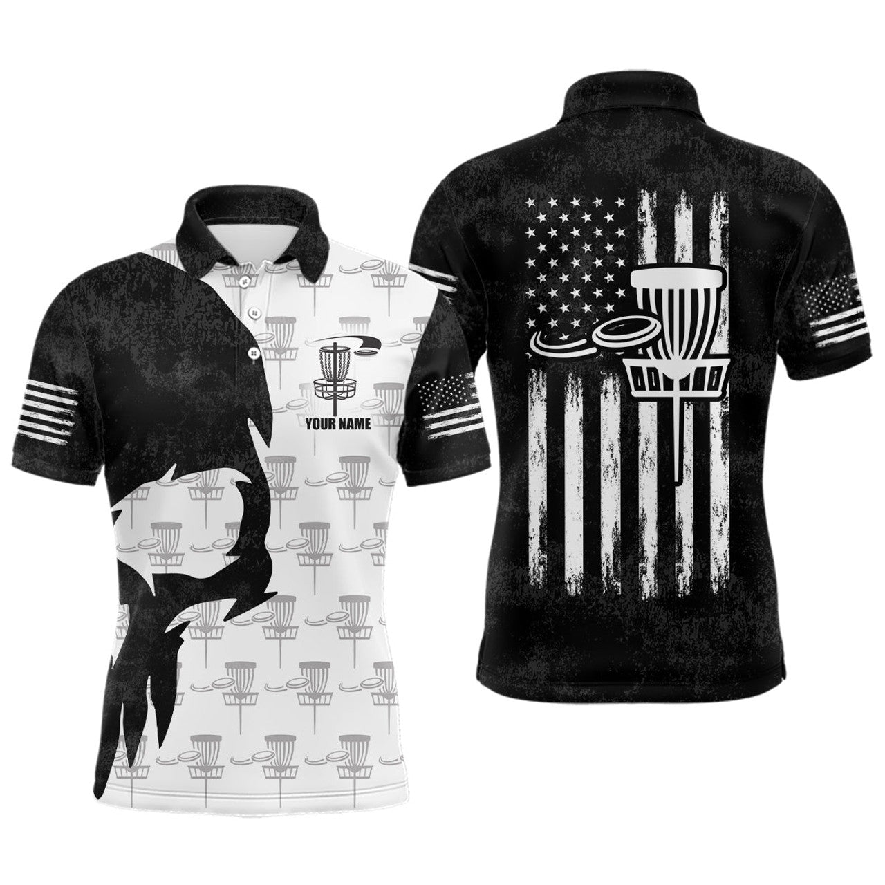 Disc Golf Basket Black Skull American Flag Mens Polo Shirt S-5XL