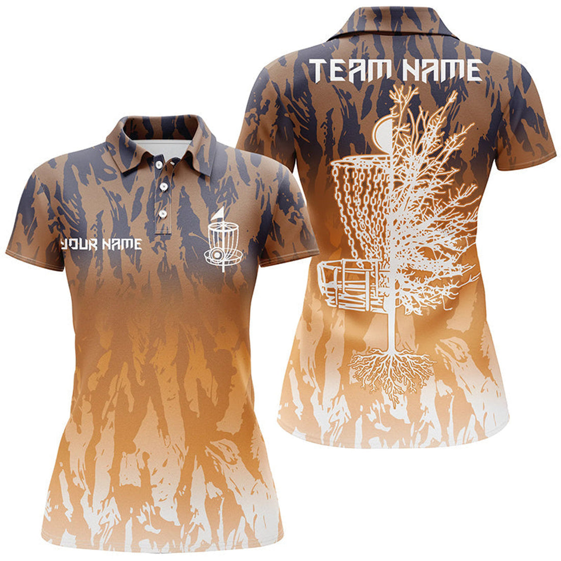 Custom Name Orange Camo Disc Golf Team Shirt Gift for Women's Polo Shirts S-5XL