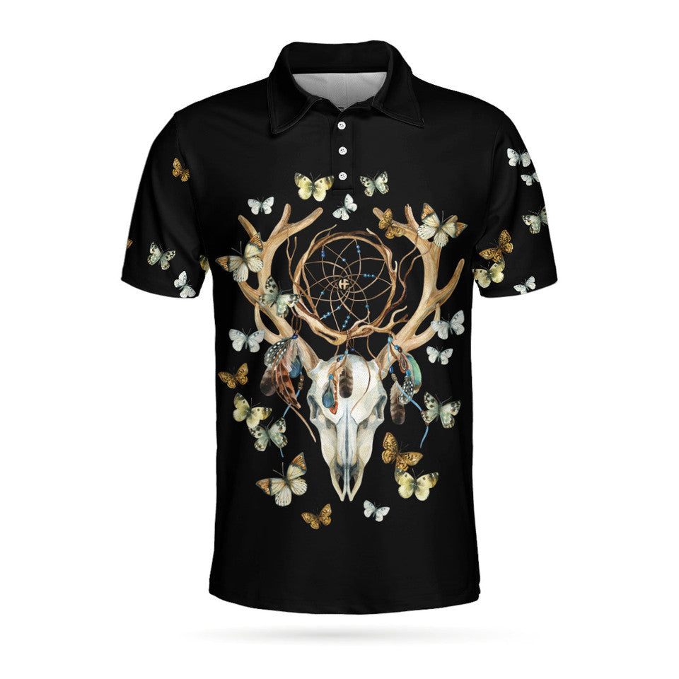 Dream Catcher Skull Deer Butterfly Short Sleeve Men's Polo Shirt Black Gift