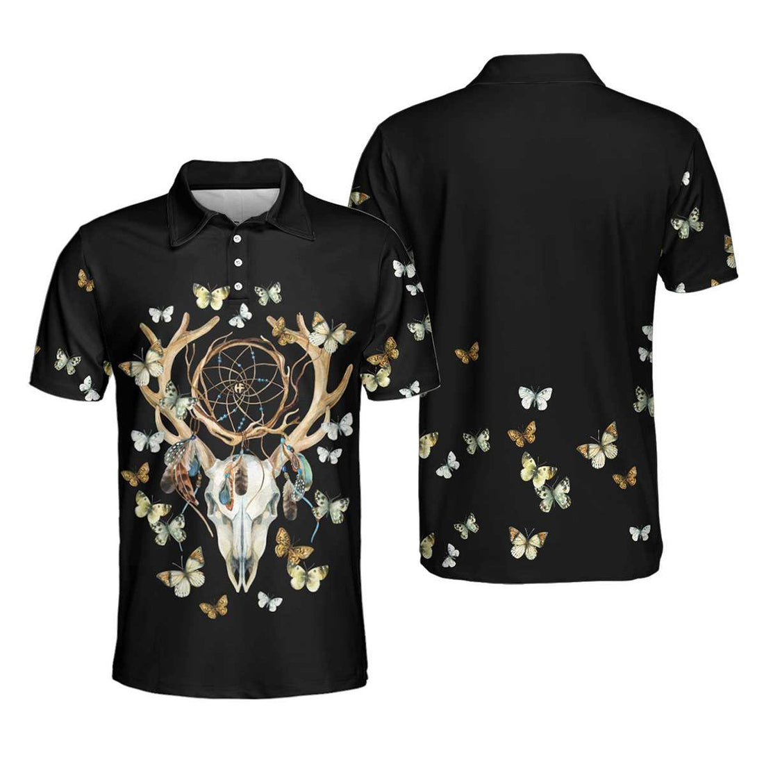 Dream Catcher Skull Deer Butterfly Short Sleeve Men's Polo Shirt Black Gift