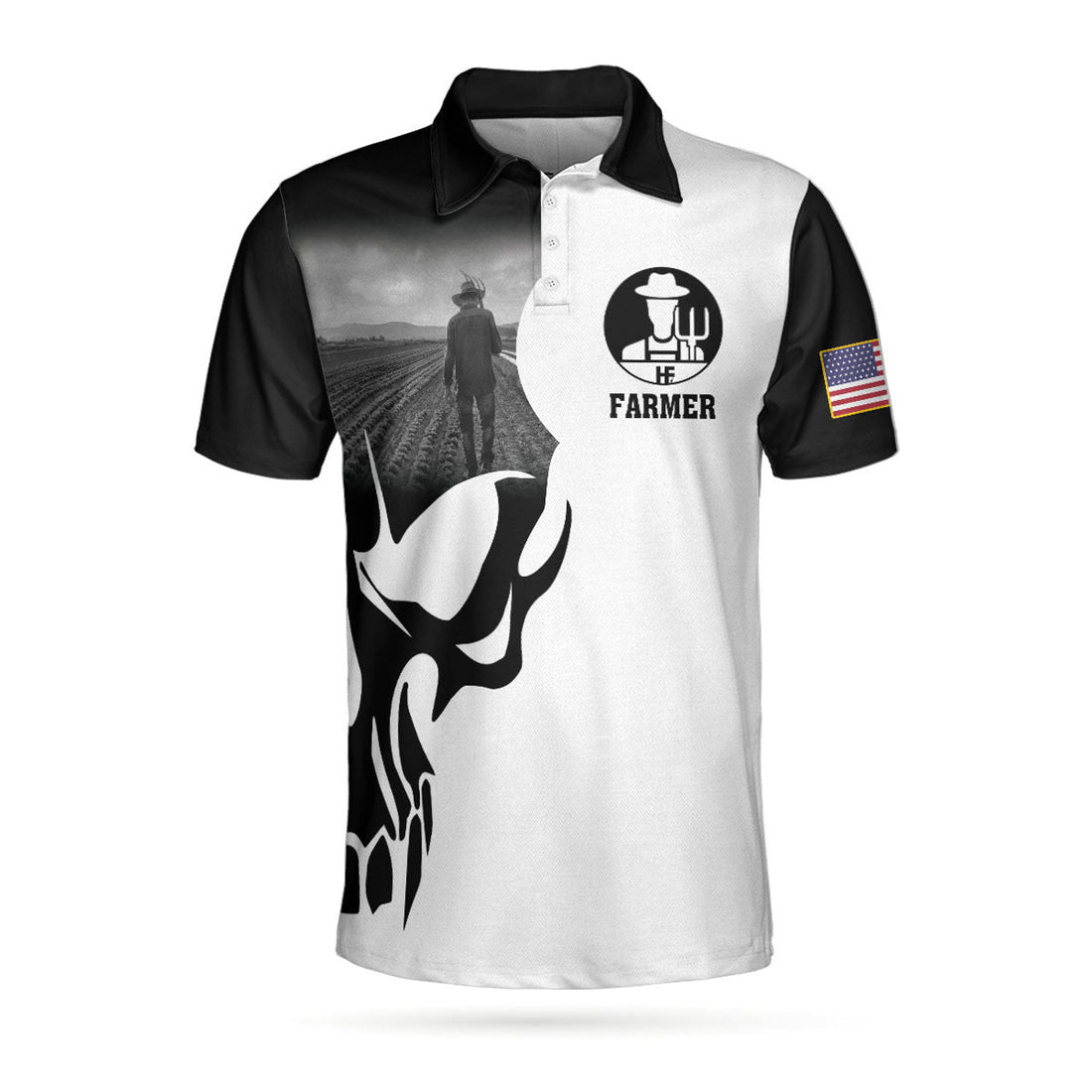 Farmer Proud Skull American Flag Work Pride Men's Polo Shirt S-5XL