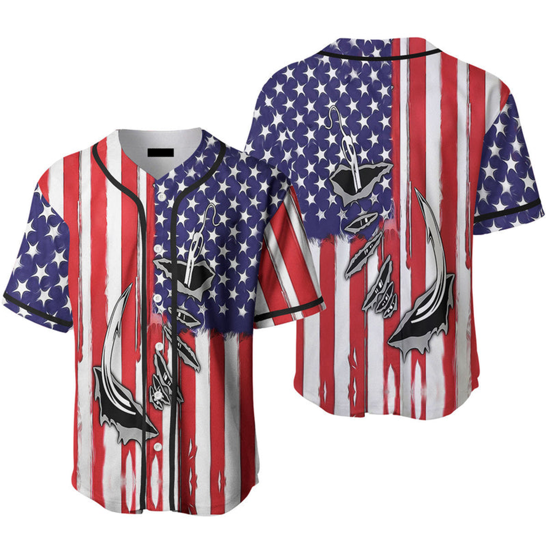 Fish Hook American Flag Baseball Jersey Gift for Baseball Jersey S-5XL