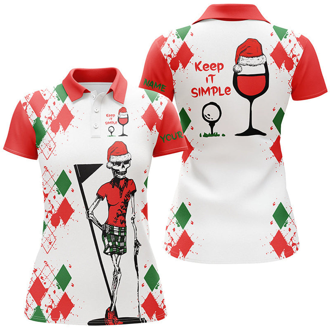 Custom Funny Christmas Golf with Skull and Wine Gift Idea Women's Polo Shirts S-5XL