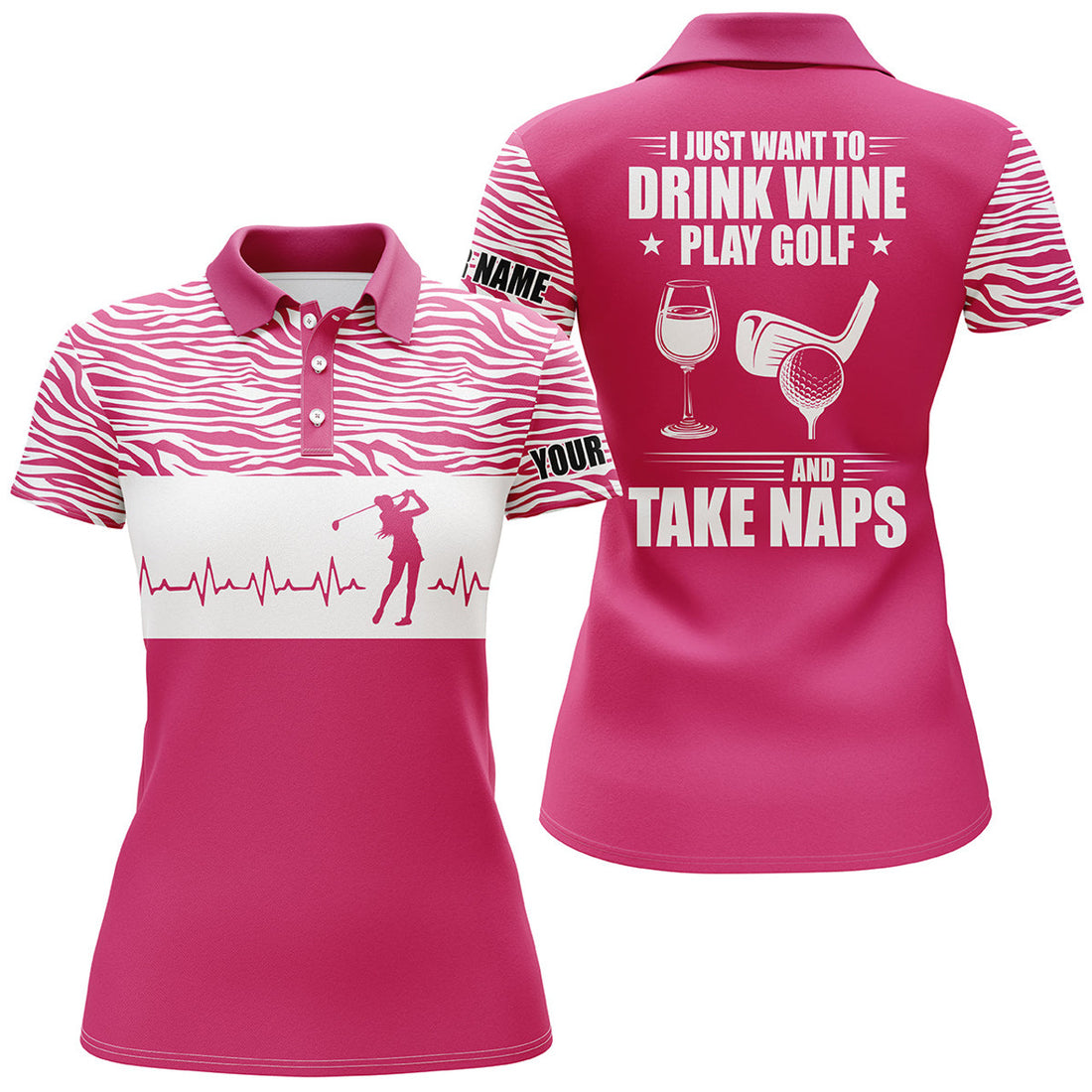 Custom Pink Golf Heartbeat Drink Wine Play And Take Naps Women's Polo Shirts S-5XL