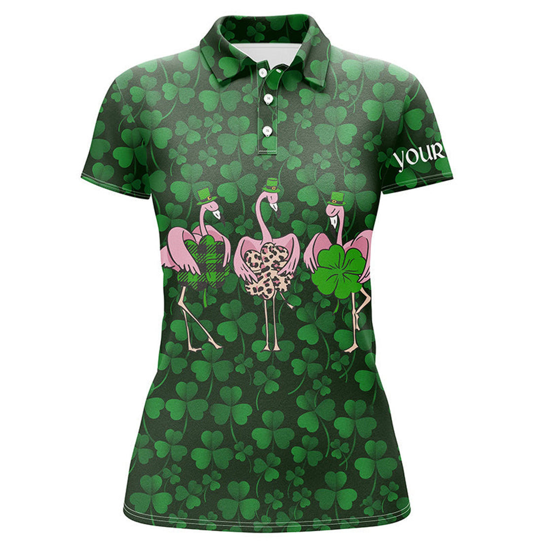 Custom Funny Clover St Patrick Day Flamingo Golf Friends Women's Polo Shirt S-5XL