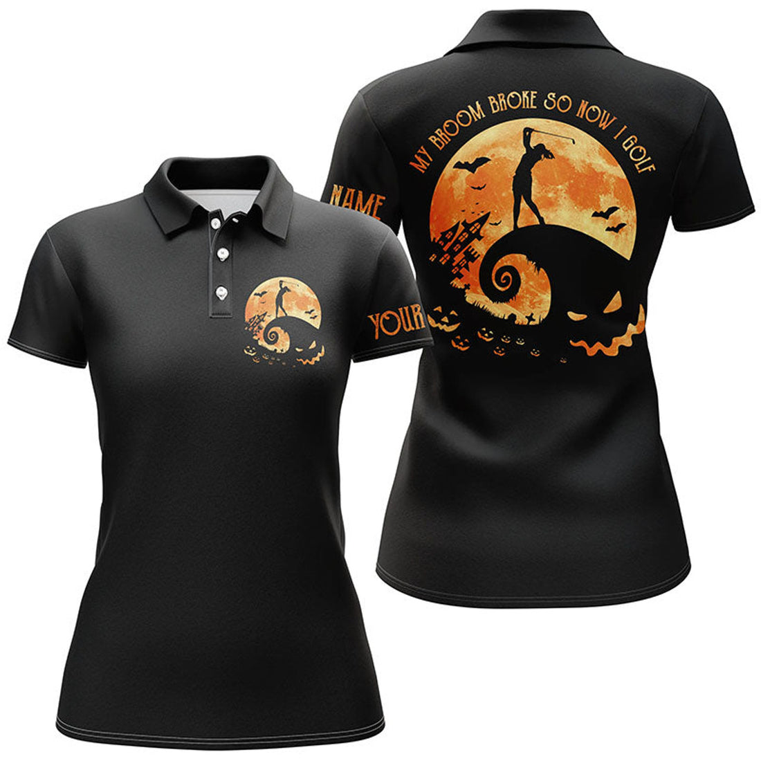 Custom Funny Black Halloween Golf Broke So Now I Golf Women's Polo Shirts S-5XL