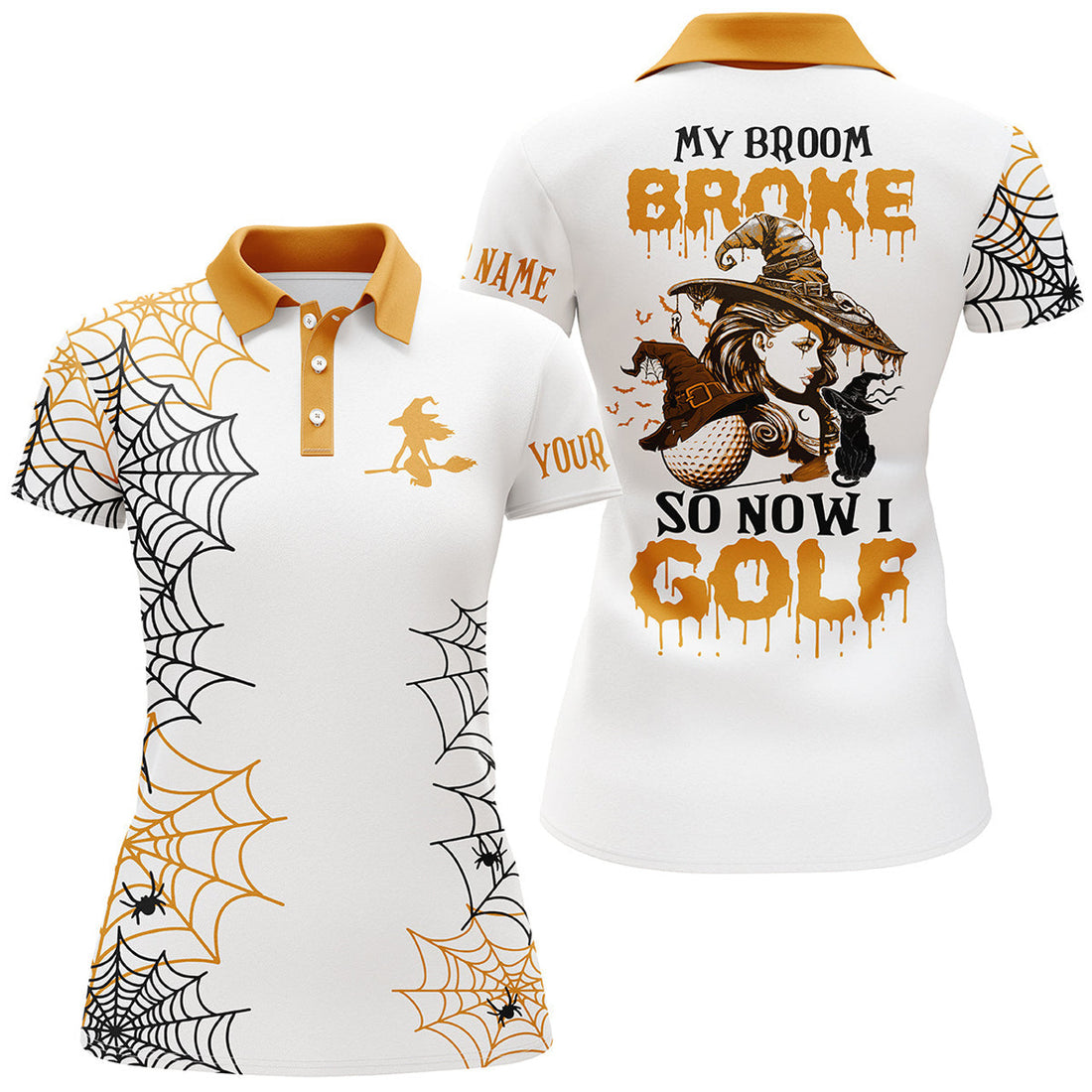 Custom Orange Halloween Golf My Broom Broke So Now I Golf Women's Polo Shirts S-5XL