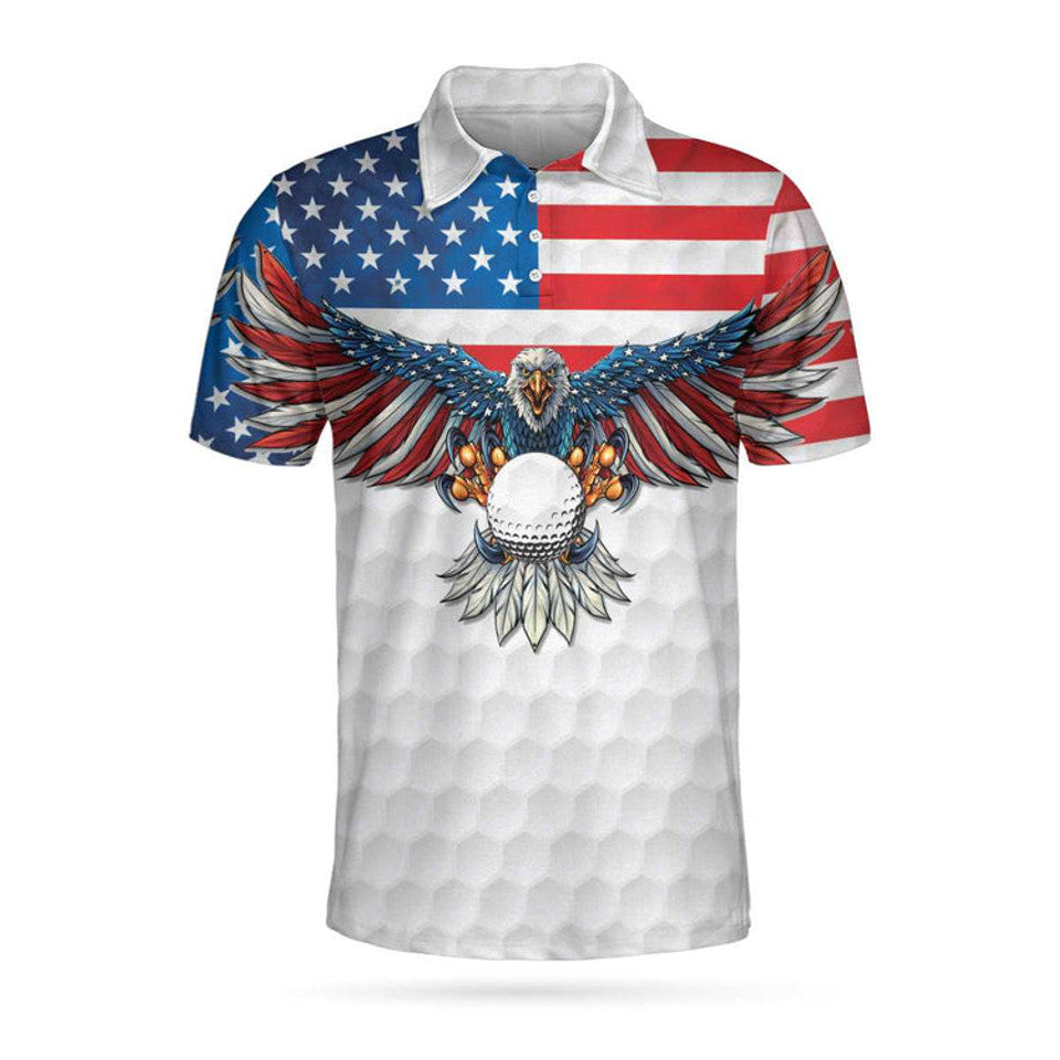 Custom Name Golf American Flag Eagle White Golf Ball Men's Polo Shirt S-5XL
