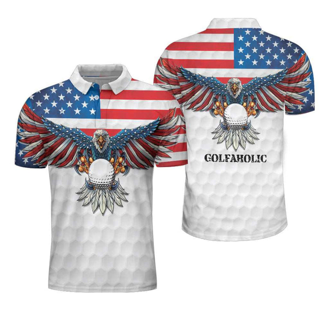 Custom Name Golf American Flag Eagle White Golf Ball Men's Polo Shirt S-5XL