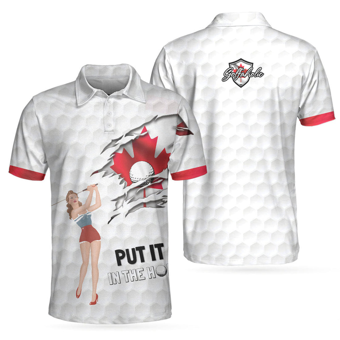 Custom Name Golf Canada Flag Pin Up Girl Canadian Men's Polo Shirt S-5XL
