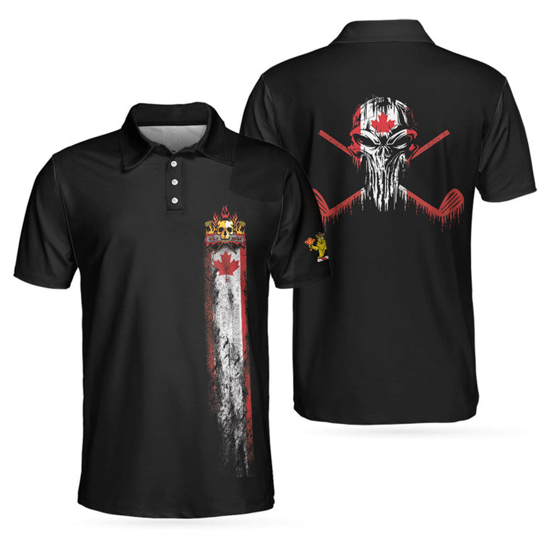 Canada Flag Golf Skull Shirt Black Wet Paint Skull Men's Polo Shirt S-5XL