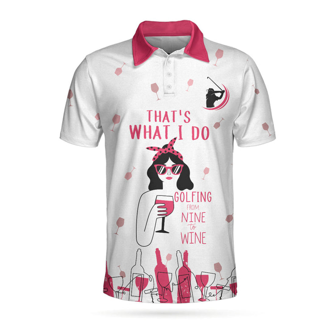 Golfing From Nine To Wine Short Sleeve Pink Men's Polo Shirt S-5XL