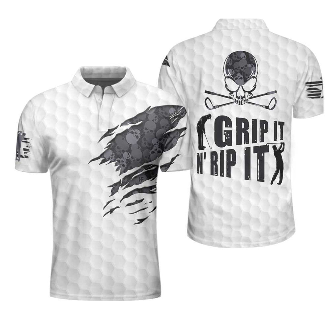 Grip It N Rip It Golf Ball Texture Ripped Skull Pattern Men's Polo Shirt S-5XL