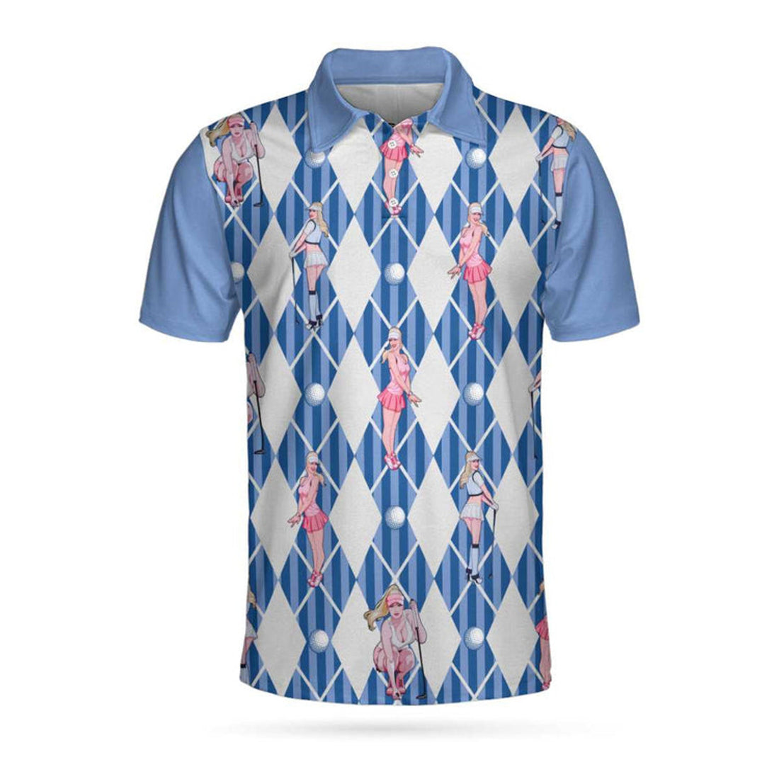 Blue Hot Golf Short Sleeve Polo Shirt, Argyle Pattern Fun Golf Shirt For Men