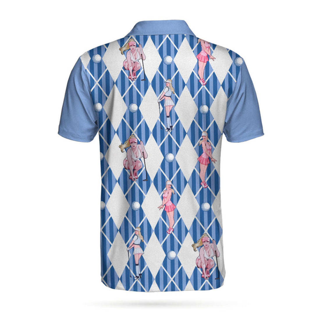 Blue Hot Golf Short Sleeve Polo Shirt, Argyle Pattern Fun Golf Shirt For Men