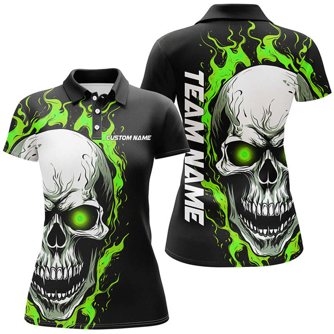 Custom Green Flame Skull Bowling Team Outfit for Women Women's Polo Shirts S-5XL