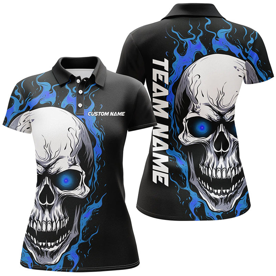 Custom Blue Flame Skull Bowling Team Sport Outfits Women's Polo Shirts S-5XL