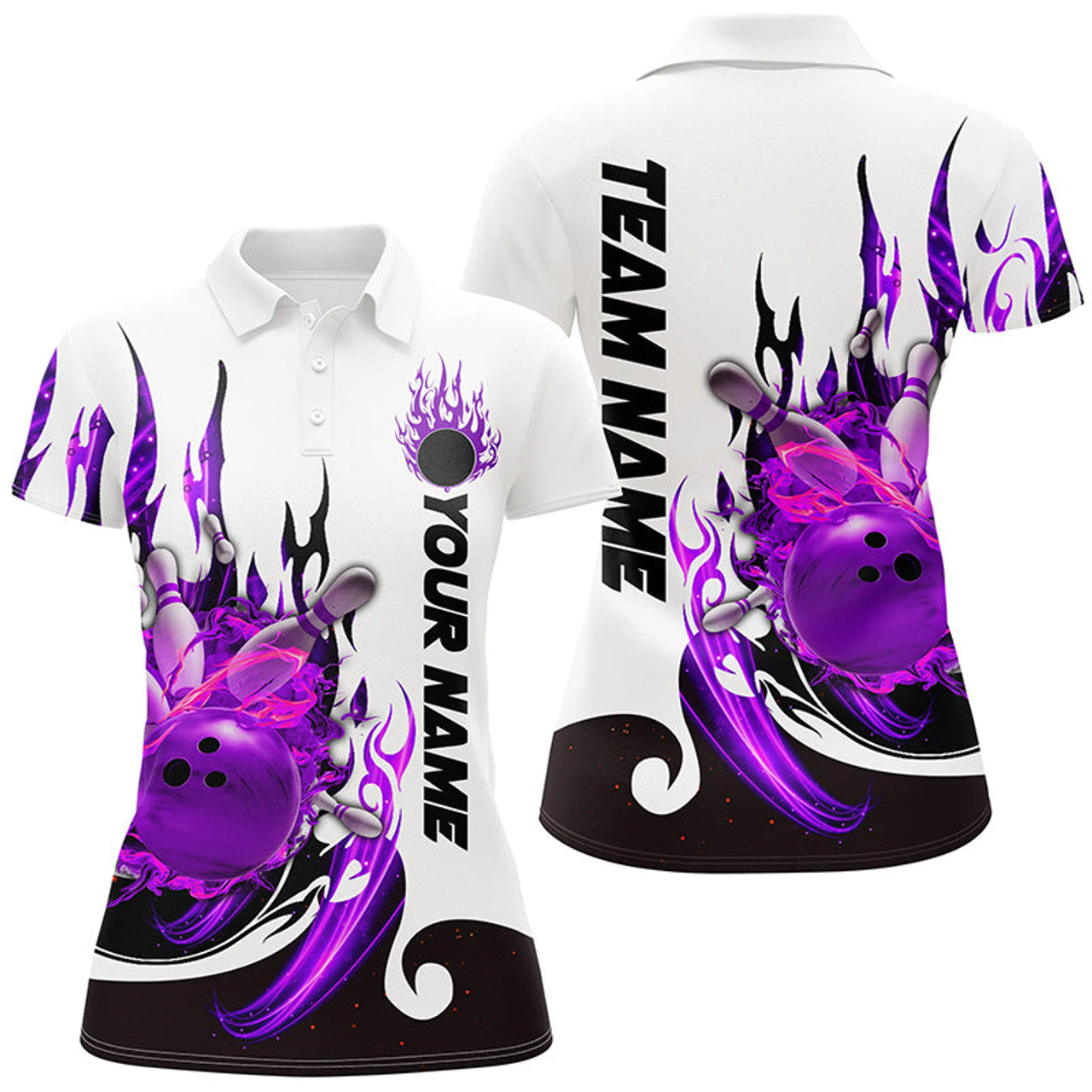 Custom Purple Flame Galaxy Bowling Team Bowling Uniform Women's Polo Shirts S-5XL