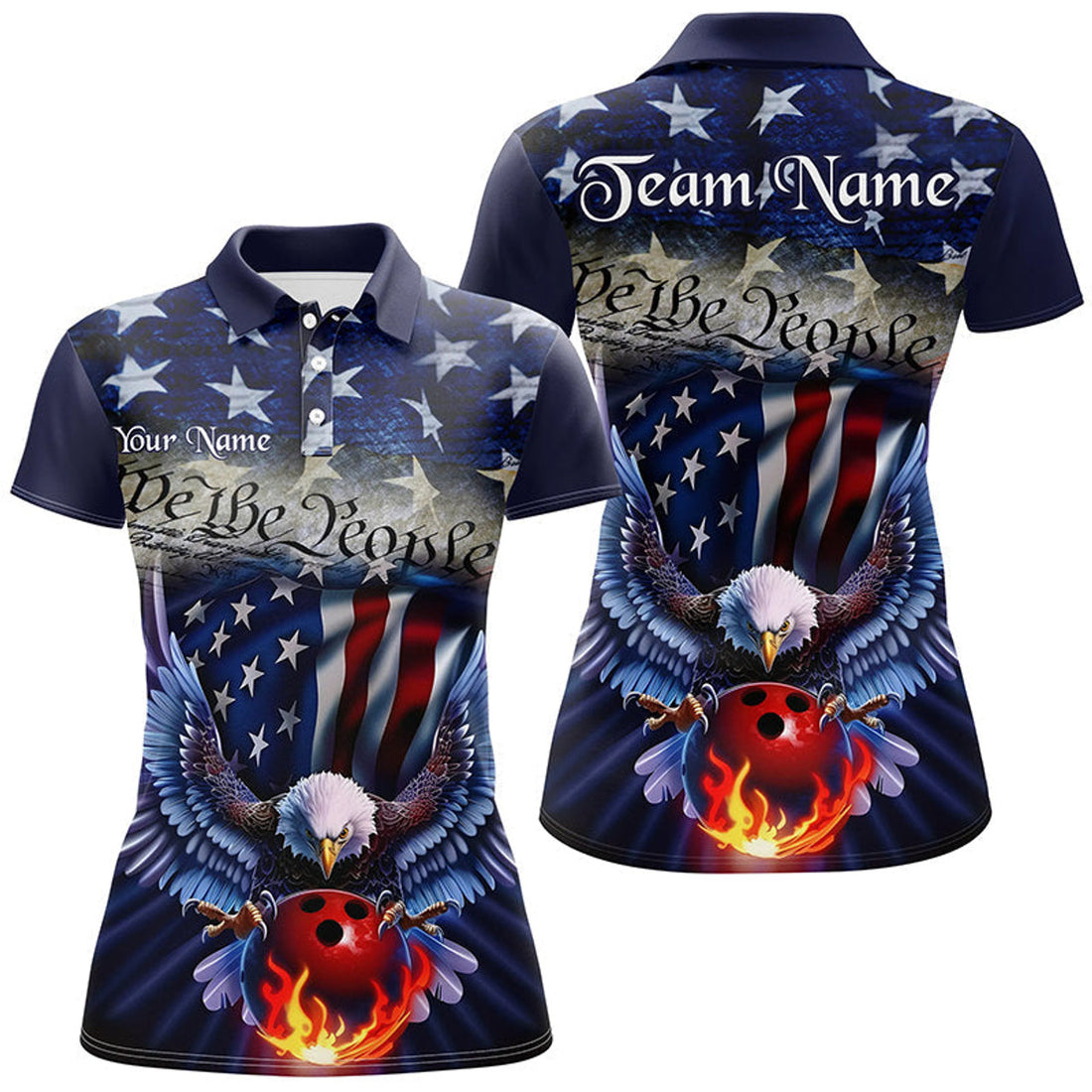 Custom Name Eagle Bowling Shirt Patriotic US Flag Design Women's Polo Shirts S-5XL