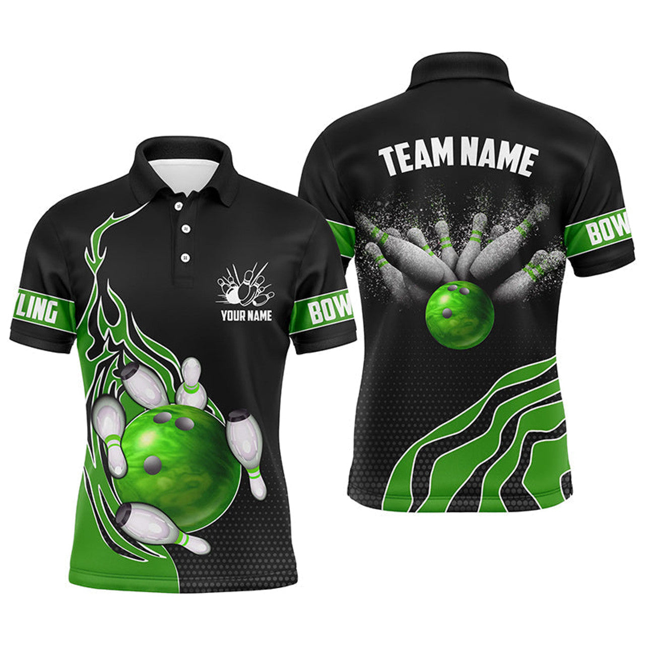 Custom Green Flame Bowling Shirt Men's Polo Shirt S-5XL