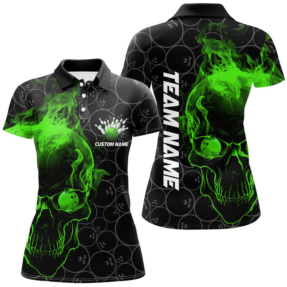 Custom Green Skull Bowling Team League Shirts Unique Design Women's Polo Shirts S-5XL