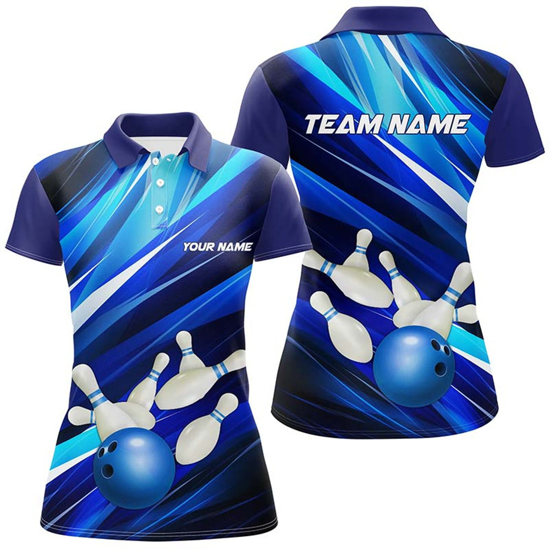 Custom Bowling Team Shirt With Ball And Pins Blue Design Women's Polo Shirts S-5XL