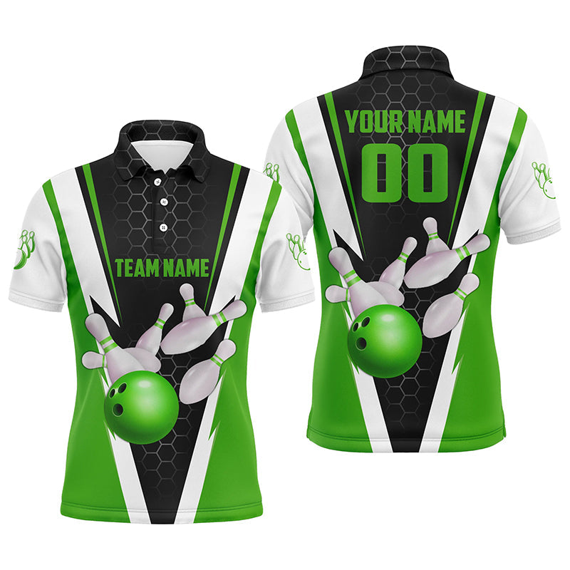 Custom Green Strike Bowling Polo Shirt with Name & Number Men's Polo Shirt S-5XL