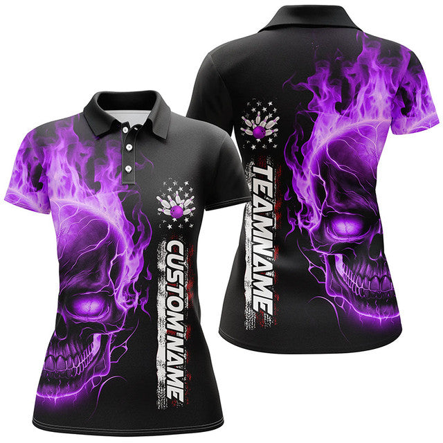 Custom Flame Skull American Flag Bowling Shirt For Women Women's Polo Shirts S-5XL