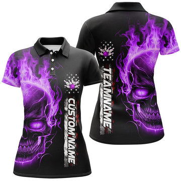 Custom Flame Skull American Flag Bowling Shirt For Women Women's Polo Shirts S-5XL