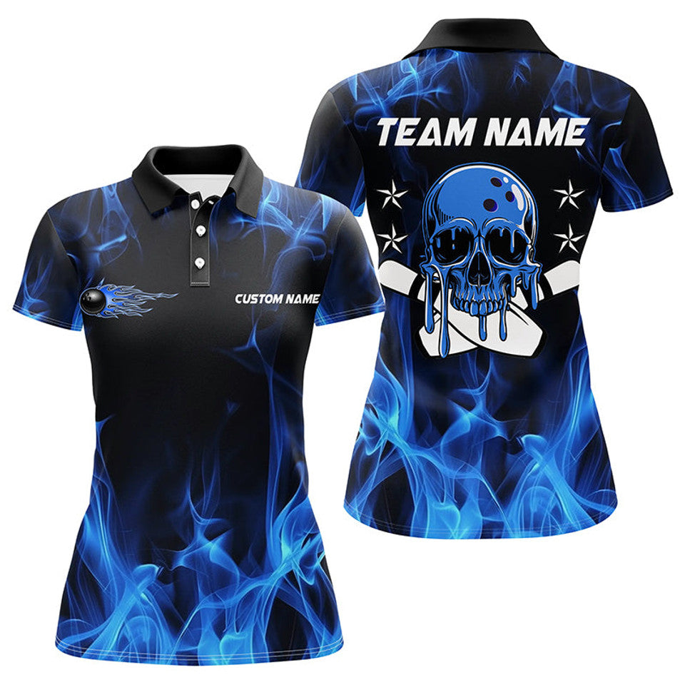 Custom Blue Flame Skull Bowling Team Design Unique Style Women's Polo Shirts S-5XL
