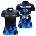Custom Blue Flame Skull Bowling Team Design Unique Style Women's Polo Shirts S-5XL