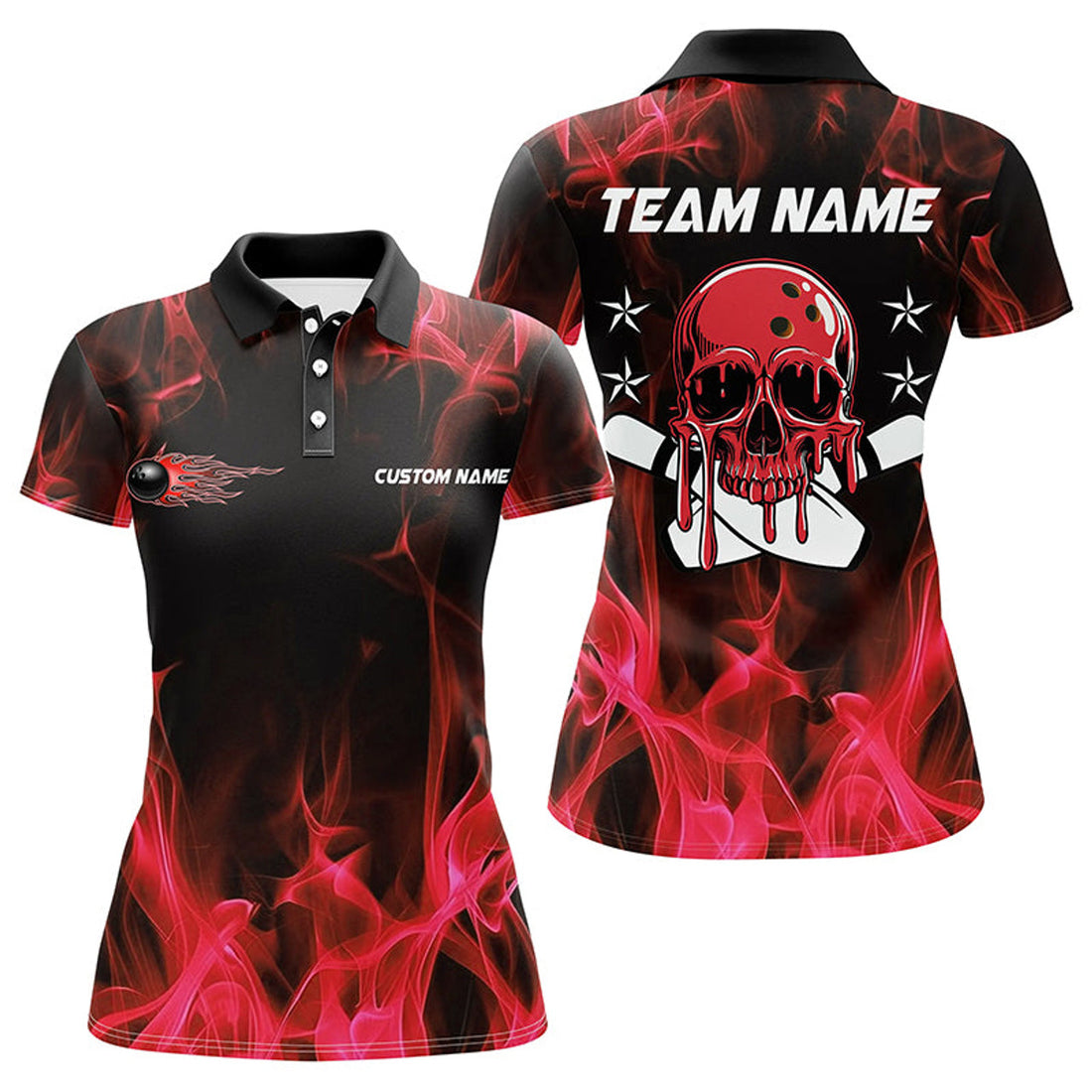 Custom Red Flame Skull Bowling Team Polo for Women's Polo Shirts S-5XL