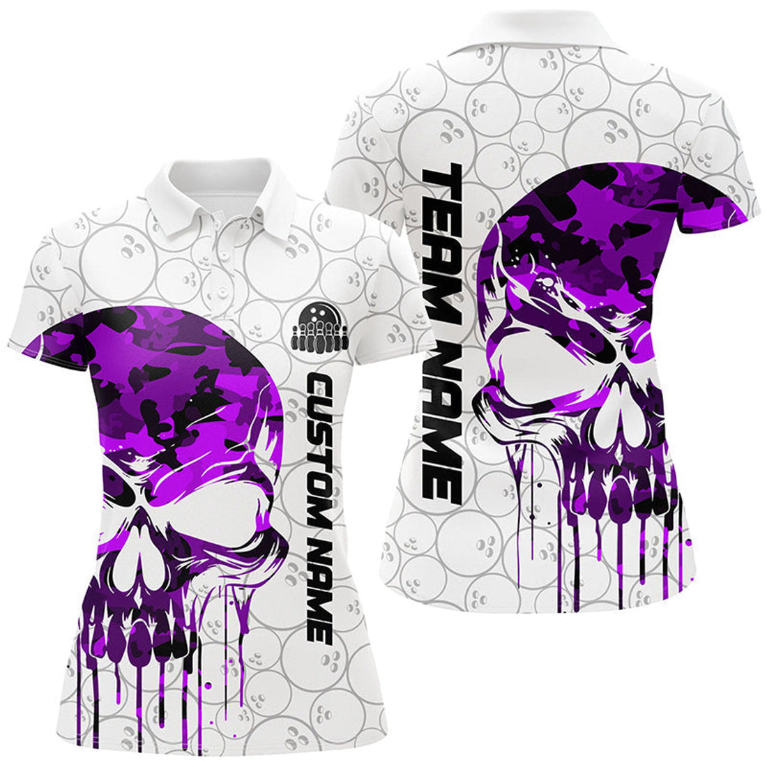 Custom Purple Camo Skull Bowling Team Outfit for Women's Polo Shirts S-5XL