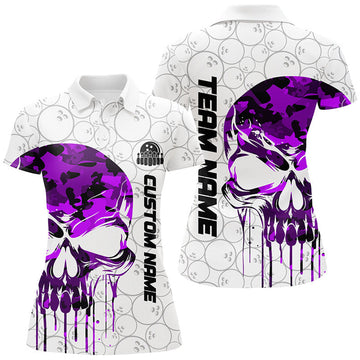 Custom Purple Camo Skull Bowling Team Outfit for Women's Polo Shirts S-5XL