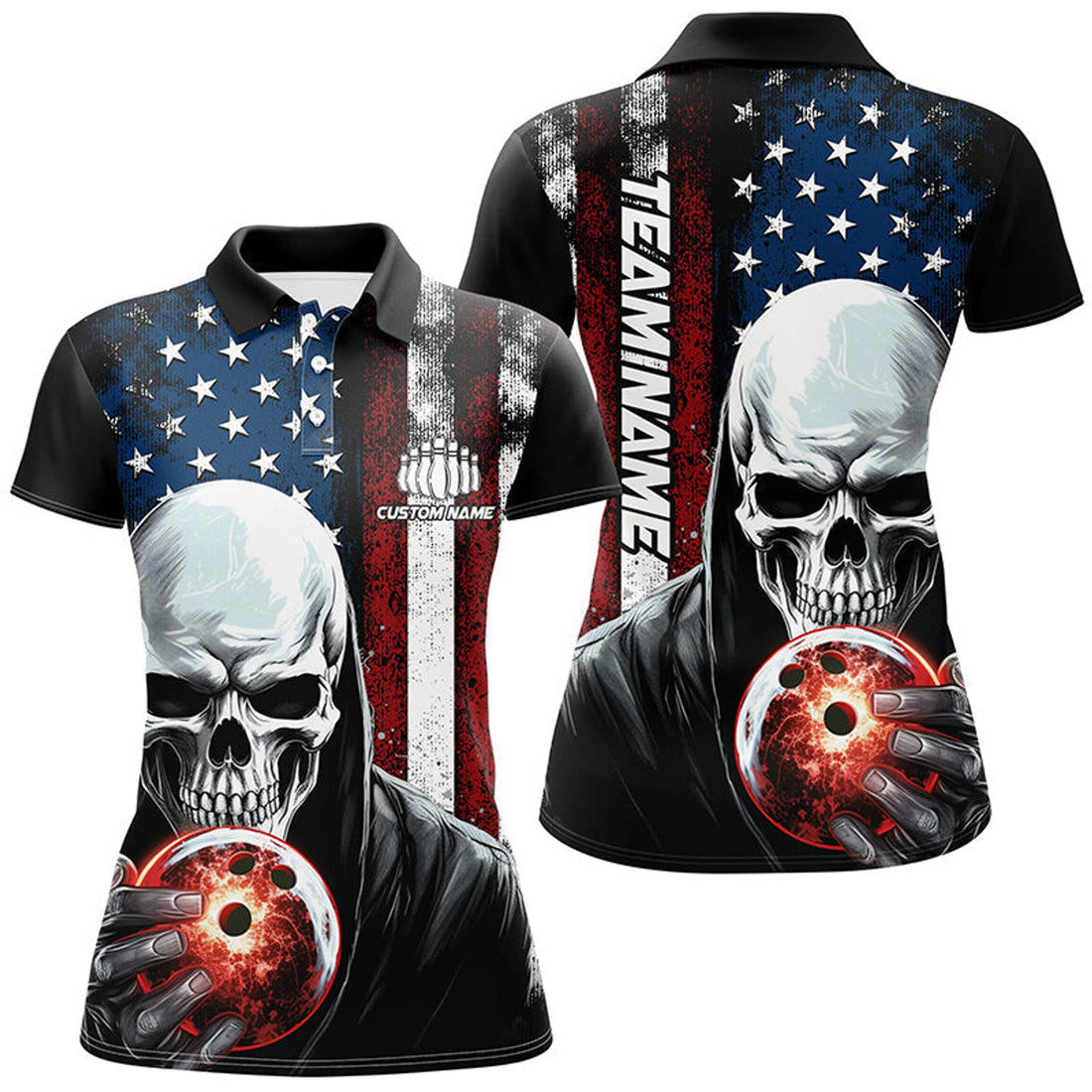 Custom Skull Bowling Team American Bowling Polo Shirt Women's Polo Shirts S-5XL