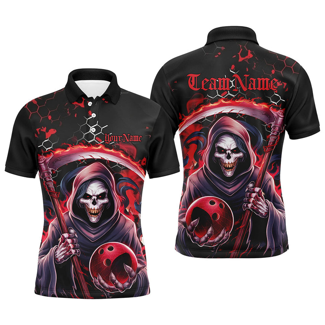 Personalized Bowling And Pins Grim Reaper 3D Shirt Men's Polo Shirt S-5XL
