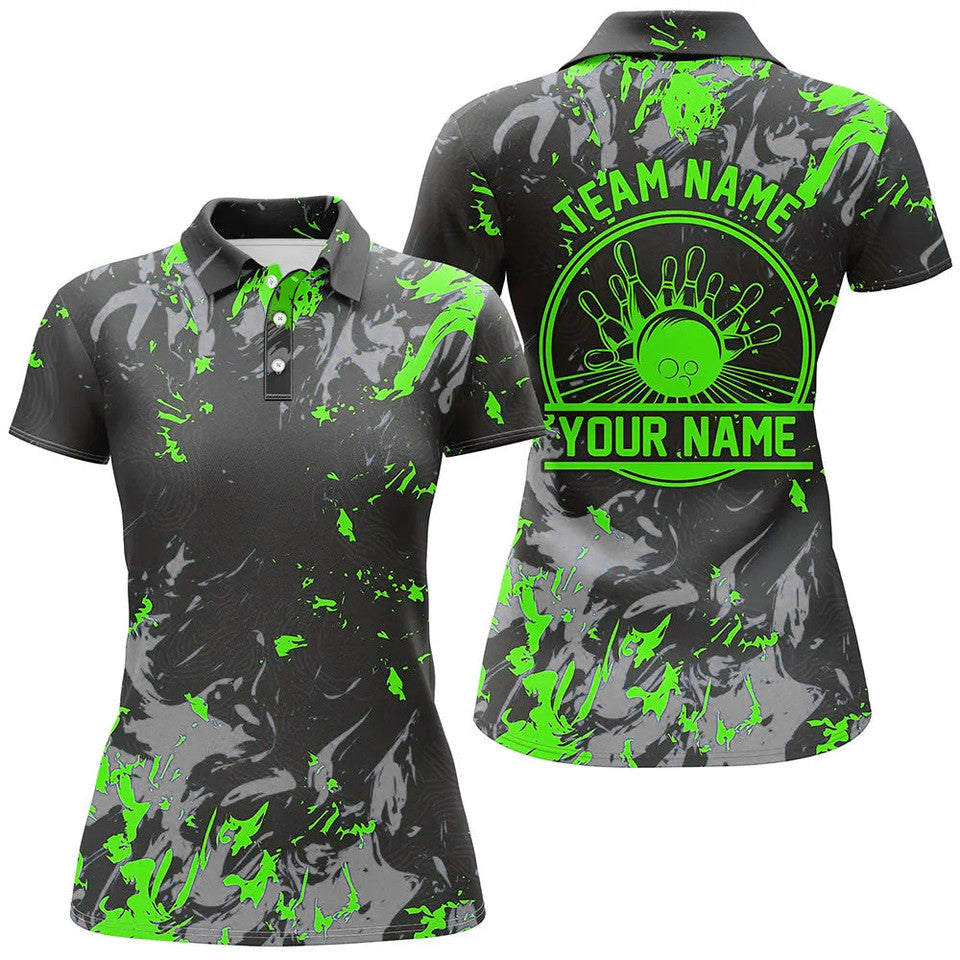 Custom Bowling Polo Shirts For Women Green Balls And Pins Women's Polo Shirts S-5XL