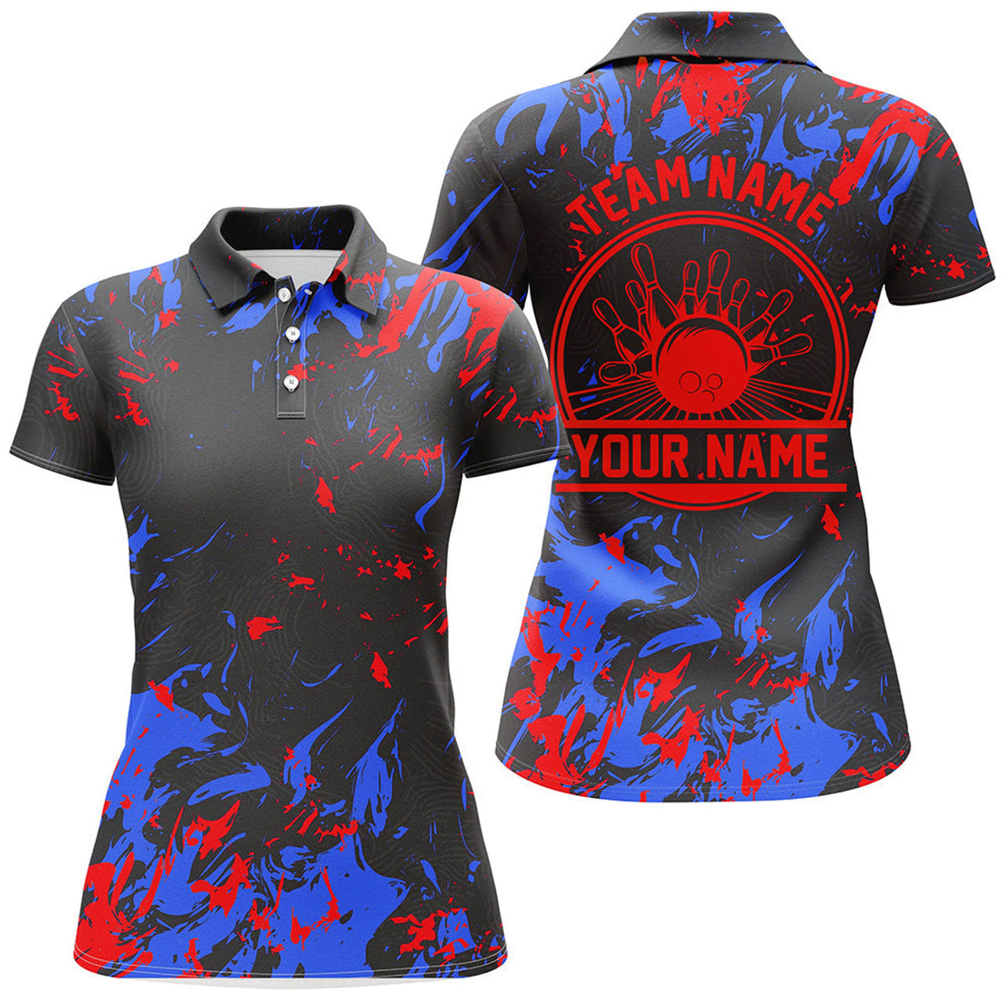 Custom Bowling Shirts with Balls and Pins Blue Red Design Women's Polo Shirts S-5XL
