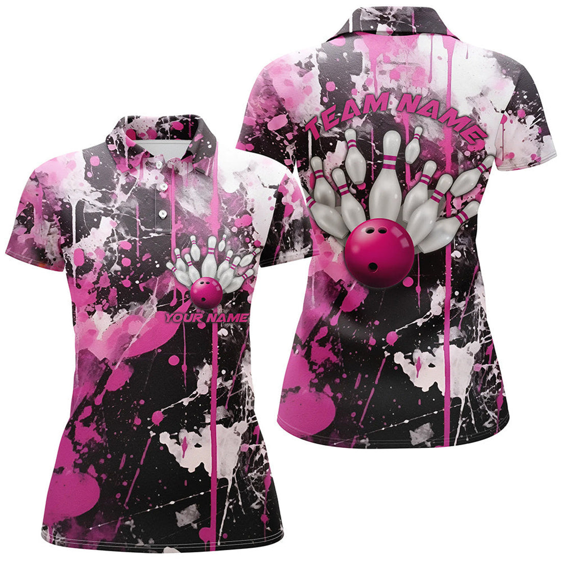 Custom Pink Camo Bowling Personalized Bowling League Women's Polo Shirts S-5XL