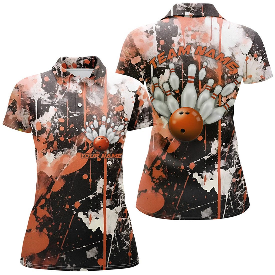 Custom Orange Camo Bowling Shirts Strike Design Women's Polo Shirts S-5XL