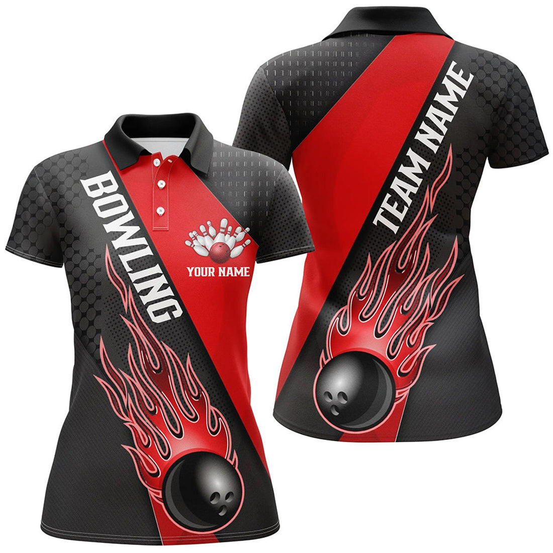 Custom Red Flame Bowling Team Shirt Bowling Outfit Women's Polo Shirts S-5XL