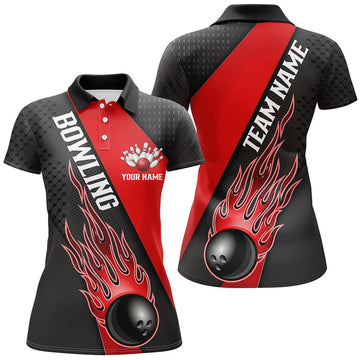 Custom Red Flame Bowling Team Shirt Bowling Outfit Women's Polo Shirts S-5XL