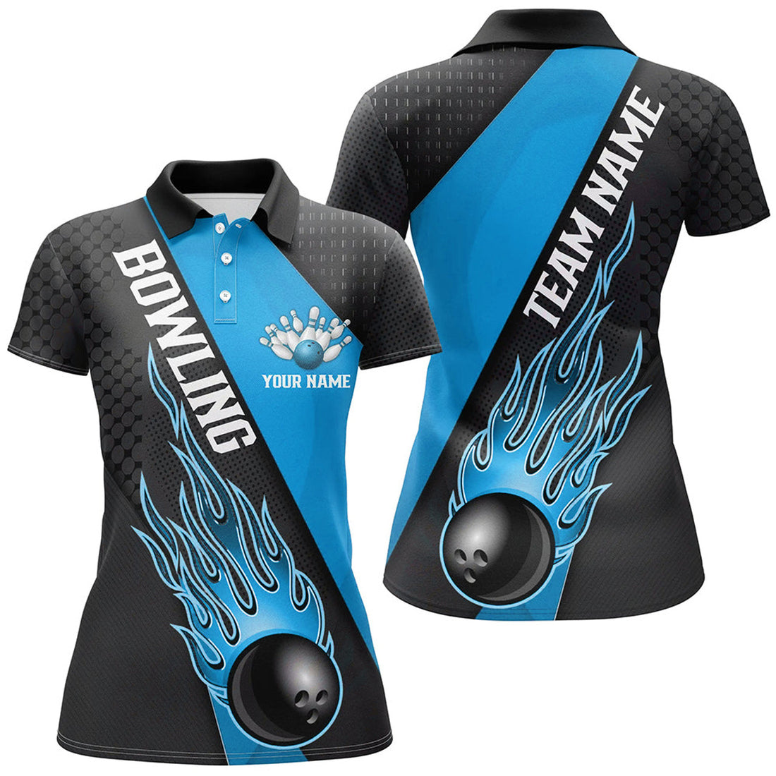 Custom Blue Flame Bowling Shirts for Bowling Team Uniforms Women's Polo Shirts S-5XL